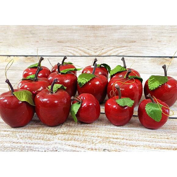 Vtg Lot 14 Mixed Sizes Shiny Red Apple Lacquer Ornaments Green Leaf Christmas - Picture 3 of 4